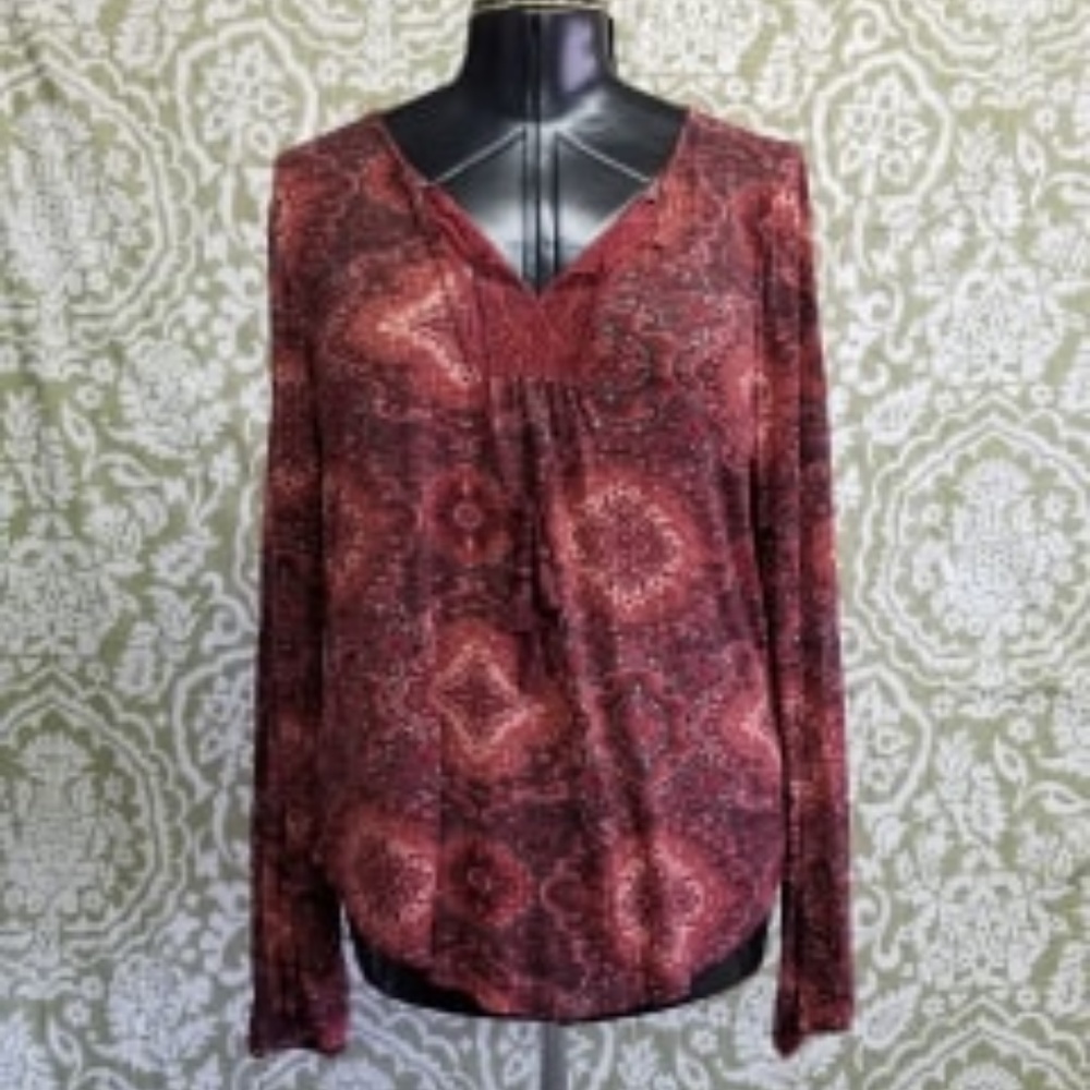 Lucky Brand Peasant BoHo Top Red Long Sleeve Sz L